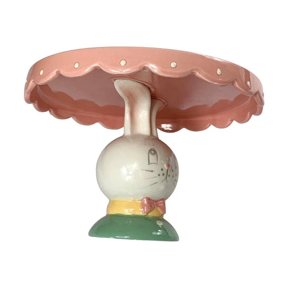 Johanna Parker Transpac Easter Bunny Cupcake Stand Pink Scalloped Ceramic 8 Inch